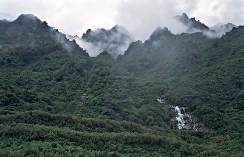 waterfall rain mountain clouds