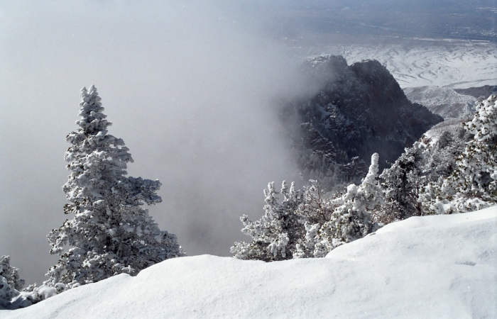 snow clouds mountain woods